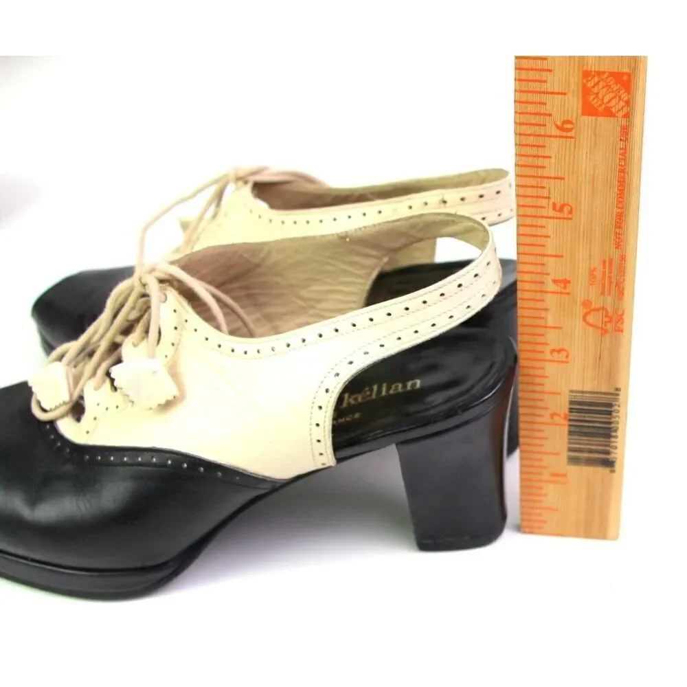 Stephane Kelian BLACK BEIGE LEATHER MID HEEL OPEN TOE LACE SLINGBACK SANDALS 5